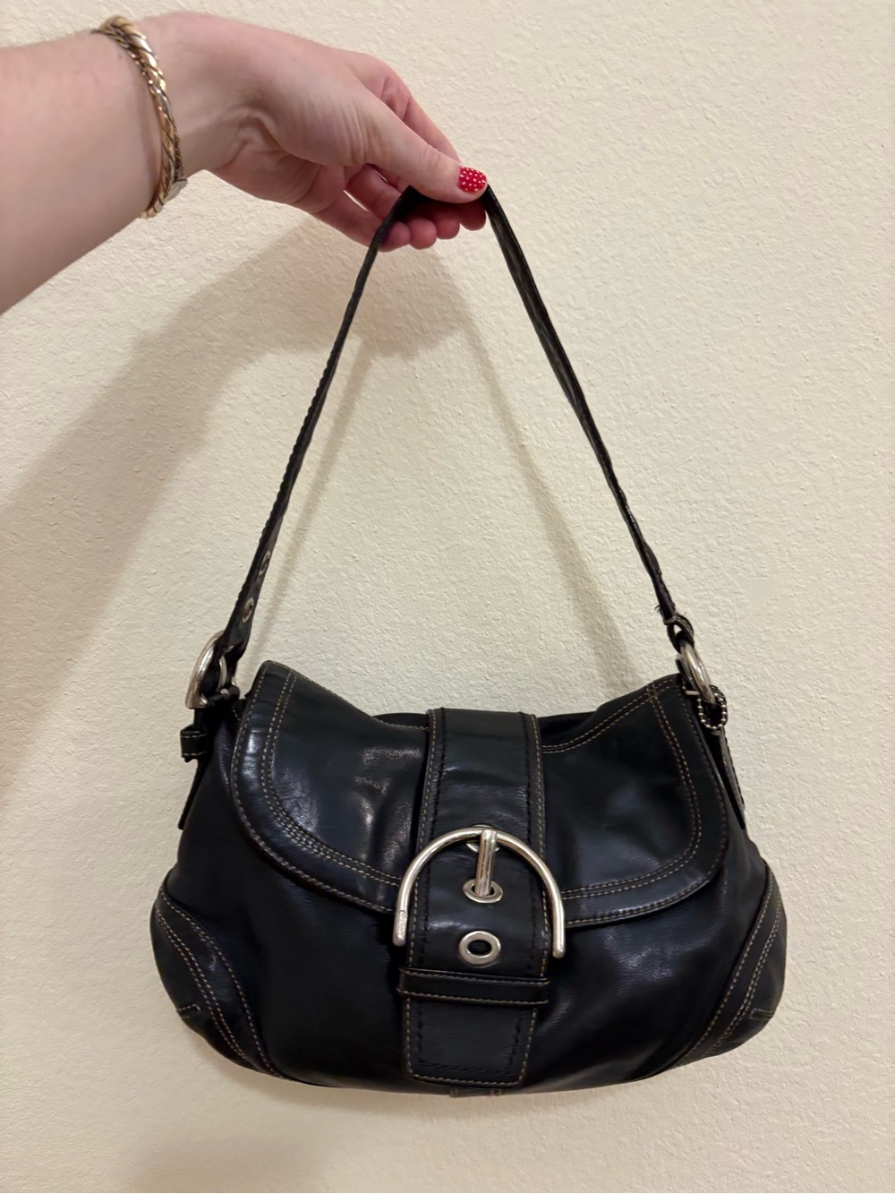 Coach Soho Black Leather Shoulder Bag with Silver Buckle Detail
